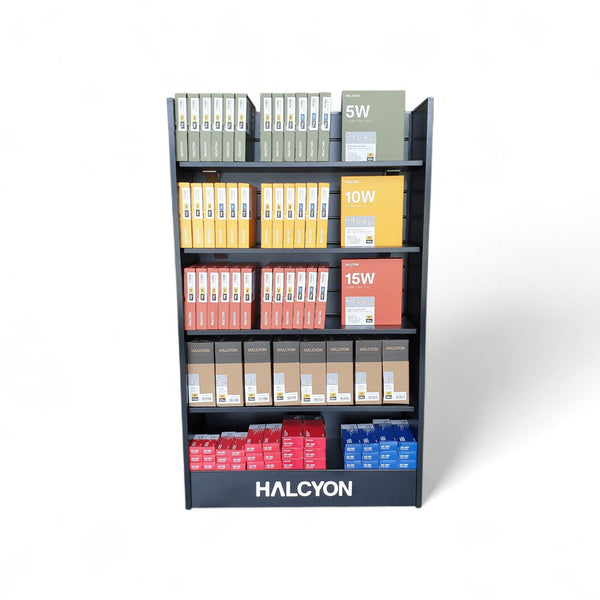 Custom freestanding PVC slatwall display panel with shelves, powder-coated finish for retail and commercial displays. Shown here in black