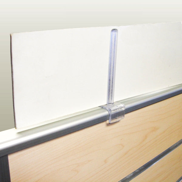 Back view of the Gondola 60 Card Holder mounted to a 60mm gondola panel shelf, displaying a price ticket.