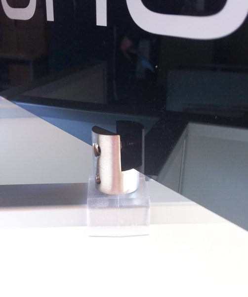 close-up of 8m screw in sign and card holder made in brush steel chrome showing the back view