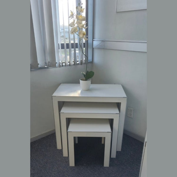 Set of three Plankline small nesting tables with orchid in office setting and grey background