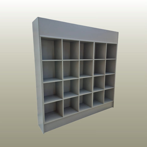 Custom made open cube display storage shelving in grey 