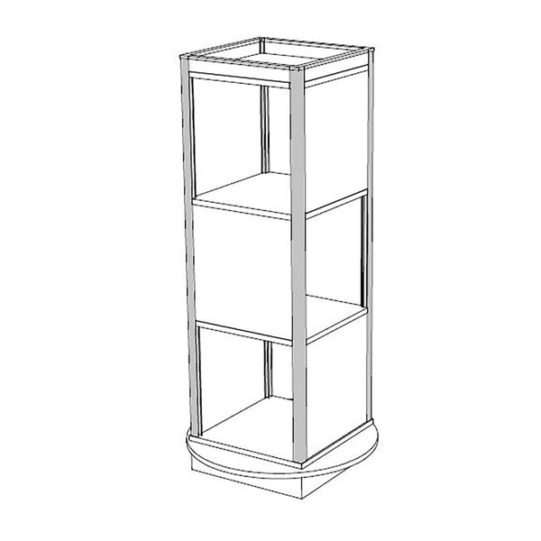 Open display box tower with rotating base showing alternating closed signage panels and open product display sides illustration