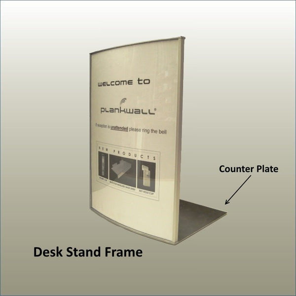 Plankwall Radius desk stand frame showing curved face and counter plate base for freestanding point-of-sale signage.