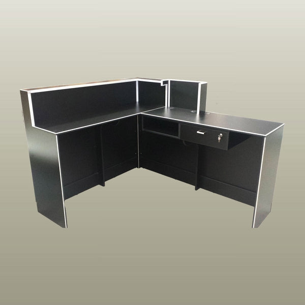 NZ-made L-shaped reception desk in custom black laminate, designed for small business, commercial, and retail interiors.