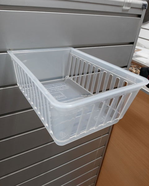 Plankwall Slatbox Cratebox clear slatwall bin angled view on slatwall display system