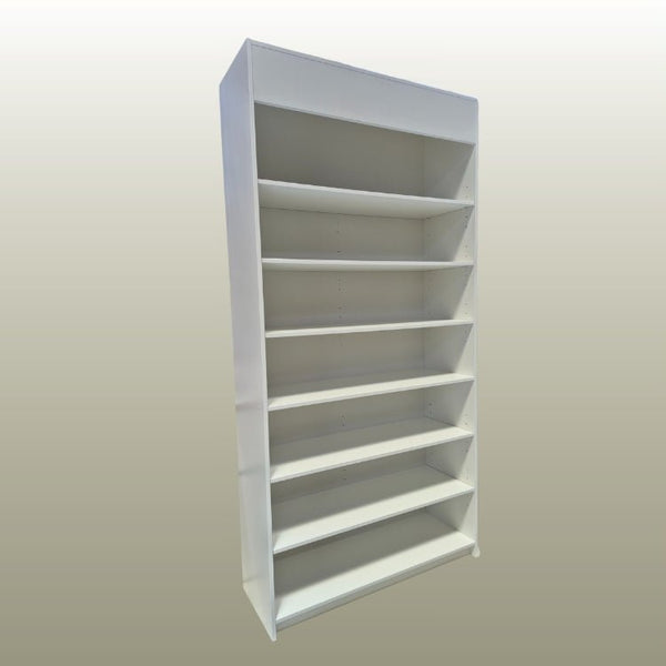 Example of a customised large white Plankwall tall display cabinet with MDF shelves 