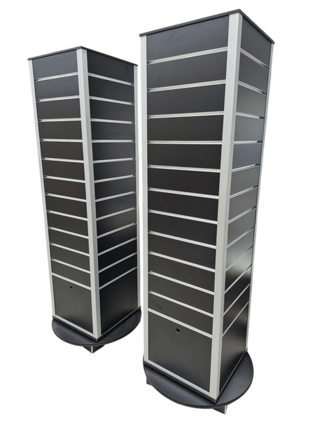 Plankwall Black Rotating Display Tower Units x2 made with RA18 aluminium corner profiles clear cut on a white background