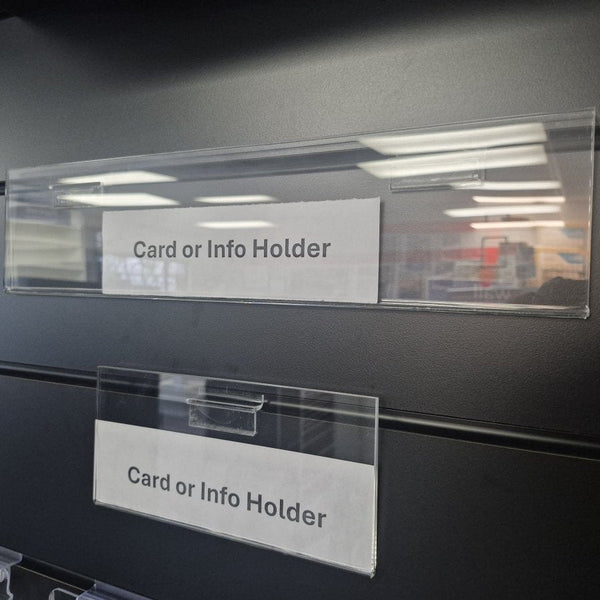 detail of slatwall header card holder showing two pre-glued PC2 hooks for secure mounting into black slatwall with black insert groove.