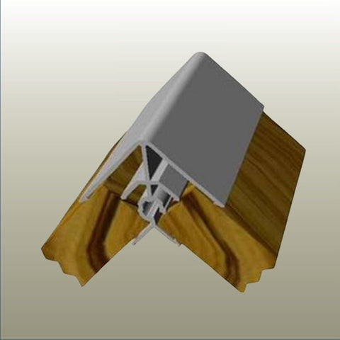 Render of a secton of a aluminium corner join shown joining two non mitred 18mm MDf panels at 90 degrees on a gold background