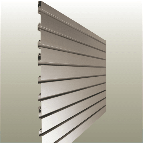 Cut out of the Plankwall All Ali 50mm pitch Aluminium slatwall product on gold background