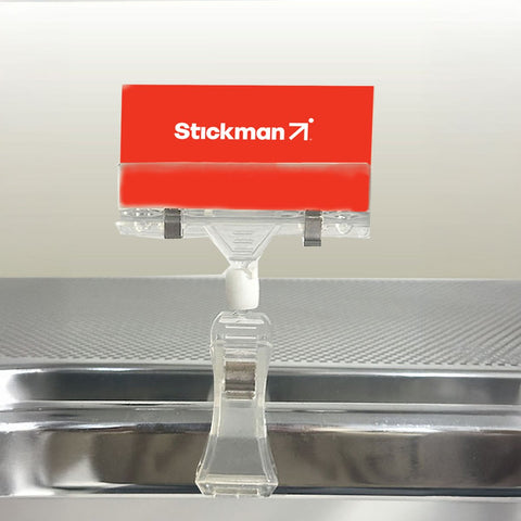 Plankwall® Card Clip  is a secure, rotating-head signage clamp for 30mm tubing, designed to hold price cards and small signs in place as shown here,