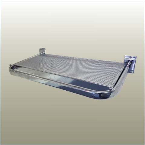 Plankwall chrome U-shaped garment rail with built-in mesh shelf for slatwall retail displays