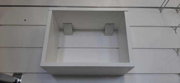 Colour and finish options for Plankwall Open Display Box Shelf (white, black, melamine)