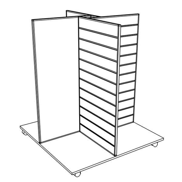 Line drawing of a Plankwall freestanding four-sided display unit with slatwall panels on all sides, equipped with castor wheels for mobility.