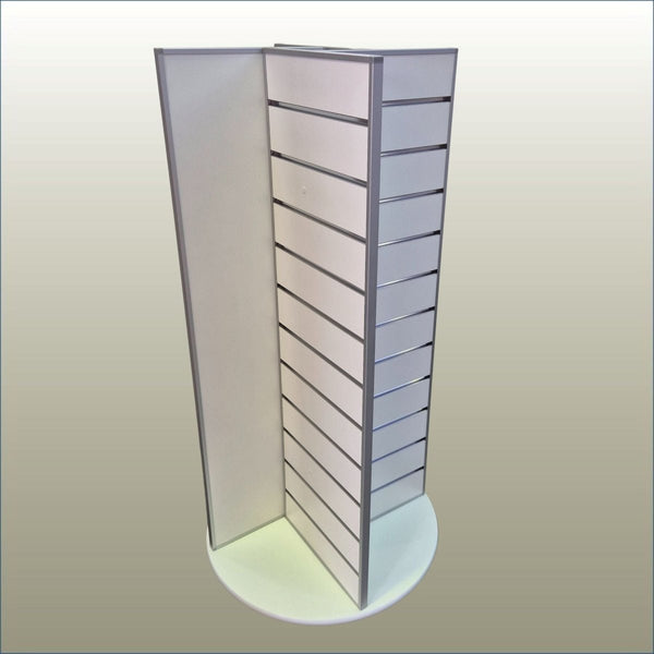 Plankwall freestanding four sided slatwall retail display and merchandising unit on a gold background