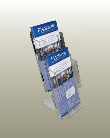 shown here is DLE trifold brochure holder interlocked to make a multi tiered pamphlet display on desktop 