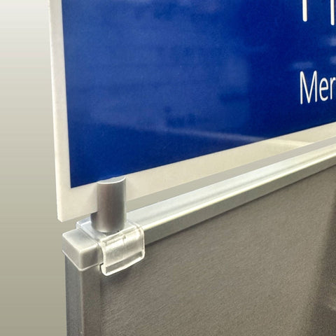 Sign holder for 18mm edged slatwall display wall that stands 20mm and holds up to 8mm signs with a screw in secure hold. 