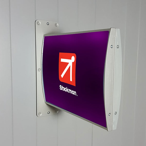 Radius double sided wall mounted sign featuring stickman logo