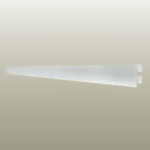 Plankwall slimline slotted shelf bracket installed in slatwall and slotted wall channel systems, supporting clean, professional retail and commercial shelving displays.
