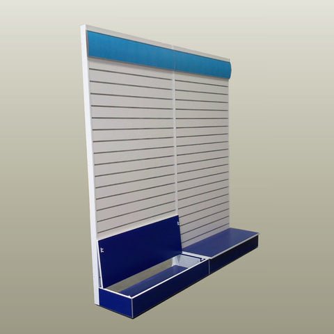 Plankwall's premium free-standing retail slatwall display stand with hidden storage is a brand favourite among retailers who favourite a cleaner more premium feel 