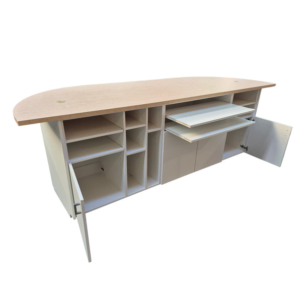 Wooden custom design  sales desk with open storage compartments made our Auckland factory