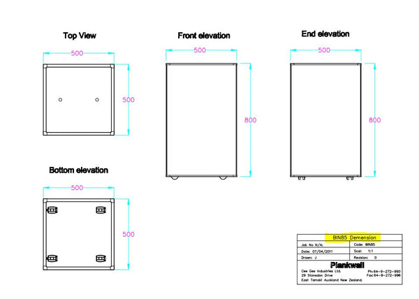 Technical drawings of a retail display bins with dimensions labeled on a white background.