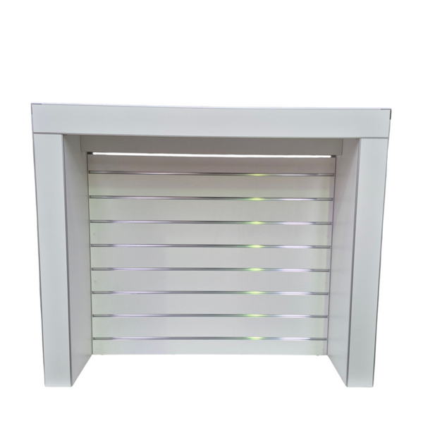 white slatwall display electronic table