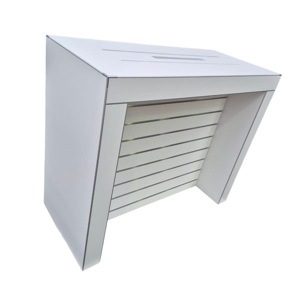 white custom made retail electric display table with aluminium edging and corner