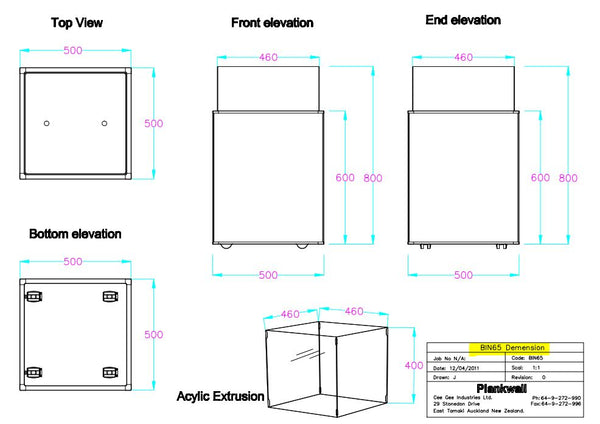 Technical drawings of a Plankwall retail display bin with dimensions from multiple views.