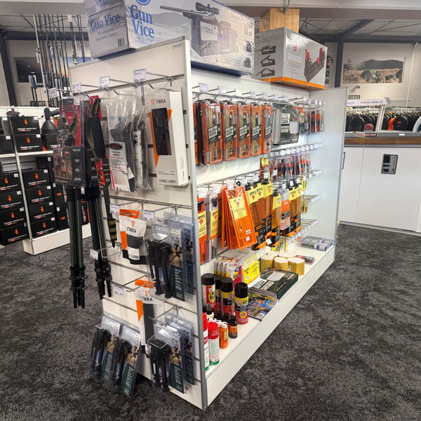 g60 Retail Gondola display of hunting and fishing supplies in a store with Flip tickets 