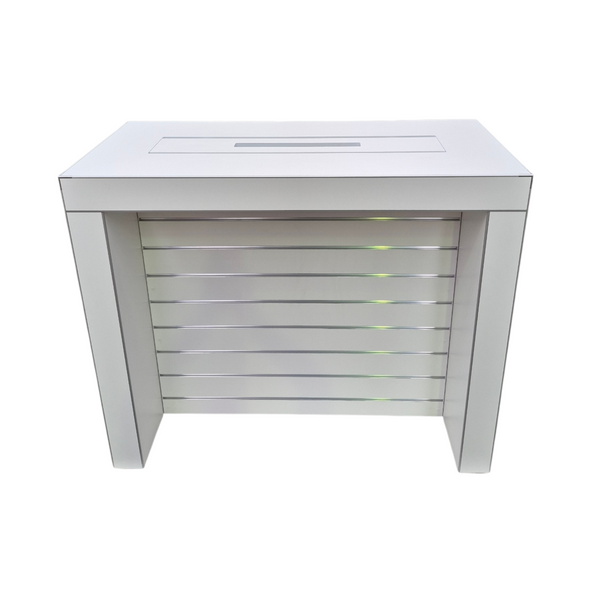 front view of Plankwall electronic slatwall display table made with stickman aluminium edging and 3way 