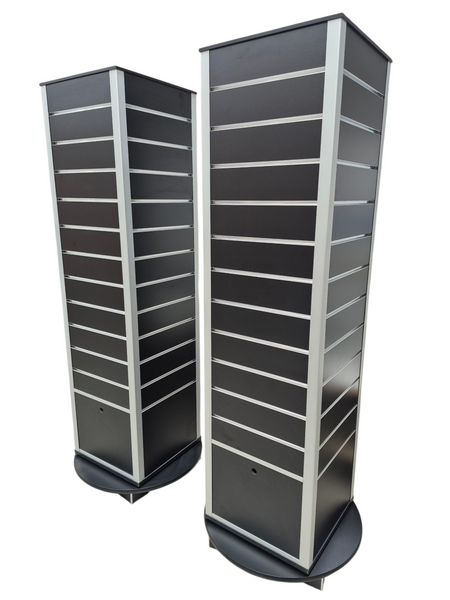 Plankwall Black Rotating Display Tower Units x2 made with RA18 aluminium corner profiles clear cut on a white background