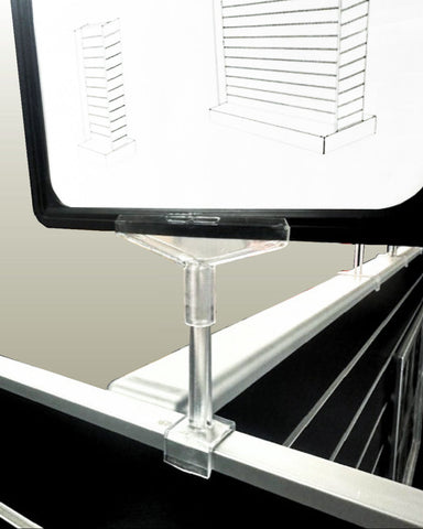shown here Plankwall's card and sign holder clip with T clip for 18mm display units holding a poster frame