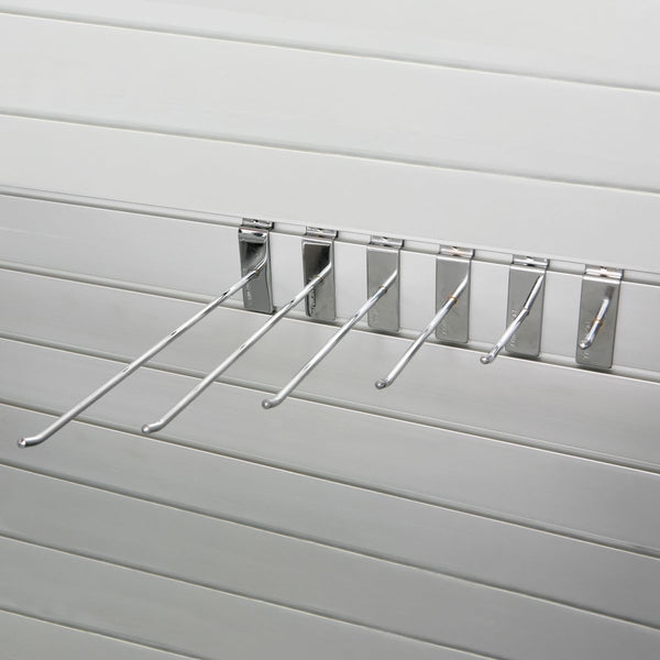 A variety of heavy duty single prong hooks in different sizes used for organised retail merchandising shown here on a Plankwall slatwall system or alternatively can be directly drilled into any display wall