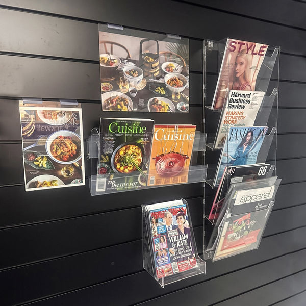 wall mounted 5 tiered magazine holder caltext print display, and sign and leaflet visual layout wall