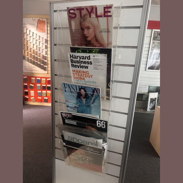 5 tiered magazine holder on retail panel display