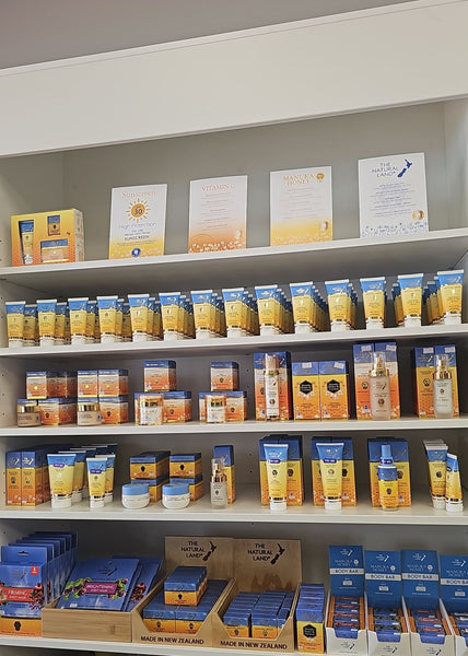 Shelves stocked with various skincare products and brochures in a store setting.