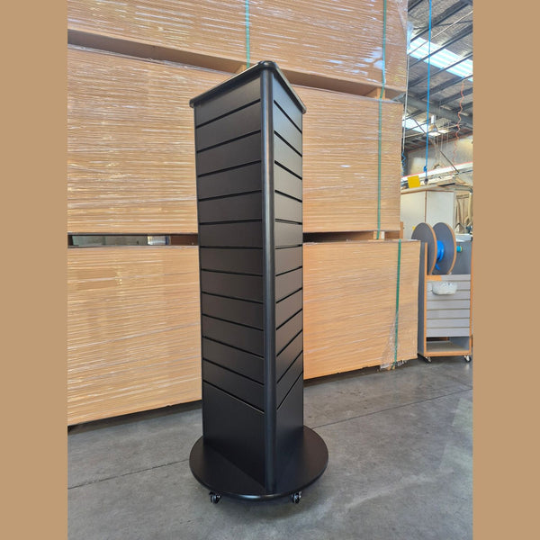 plankwall  black on black 3 sided display rotating tower