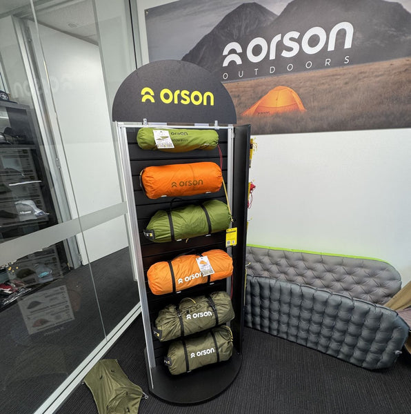 Plankwall two sided display stands featuring orson outdoor camping equipment