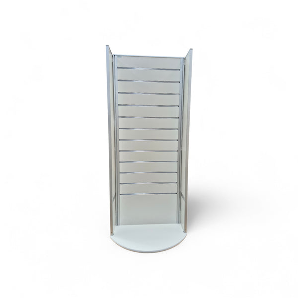 white aluminium two sided rotating display stand that rotates. 