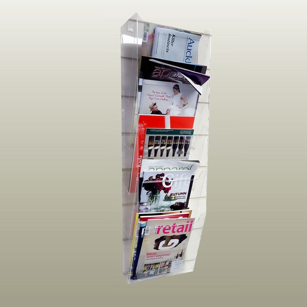 5- tiered wall mounted slatwall magazine holder holds a variety of magazines and papers easily