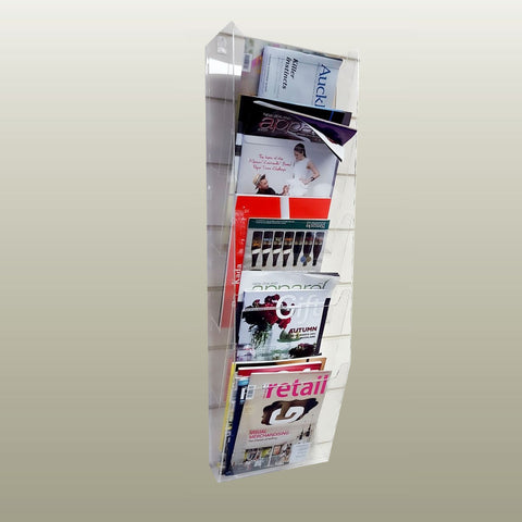 5- tiered wall mounted slatwall magazine holder holds a variety of magazines and papers easily