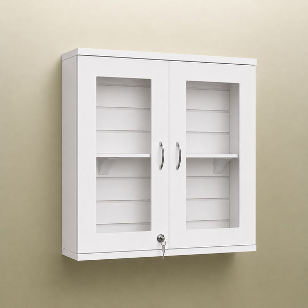 White wall-mounted cabinet with glass doors on a beige wall