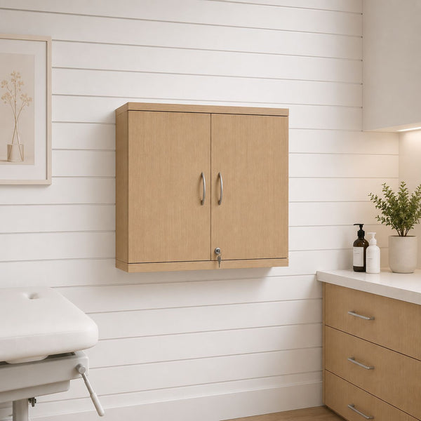 Wooden cabinet mounted on a wall in a clinical setting with a sink and drawers.