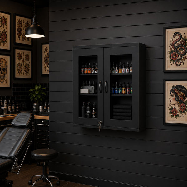 Black wall mounted cabinet with shelves in a tattoo studio setting