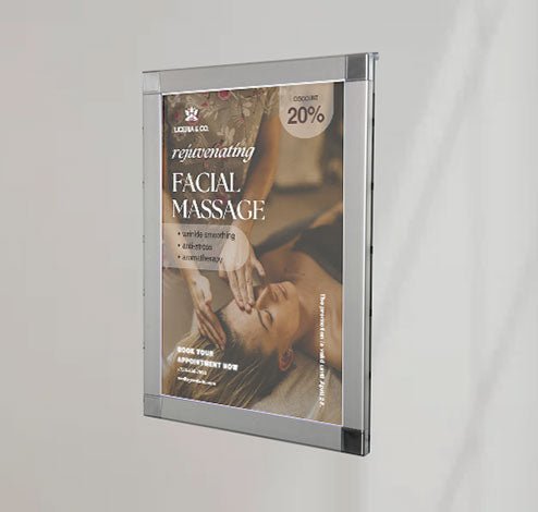 A Plankwall aluminium poster snap frame with retail promotional add, mounted on the wall with Split Rail hanging system