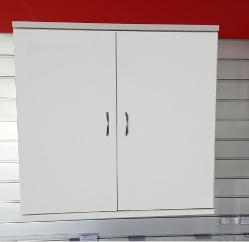 White storage cabinet with two doors on a red and gray background