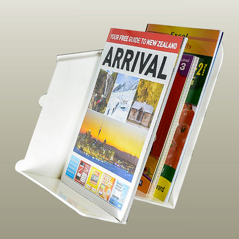 tourist magazines in sloping document trays