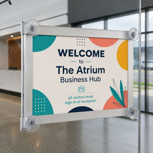 Welcome sign for The Atrium Business Hub with colorful design elements.