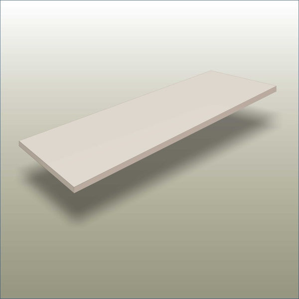  18 mm melamine shelf with a smooth finish and PVC-edged profile, shown installed on a Plankwall slatwall for  commercial display use